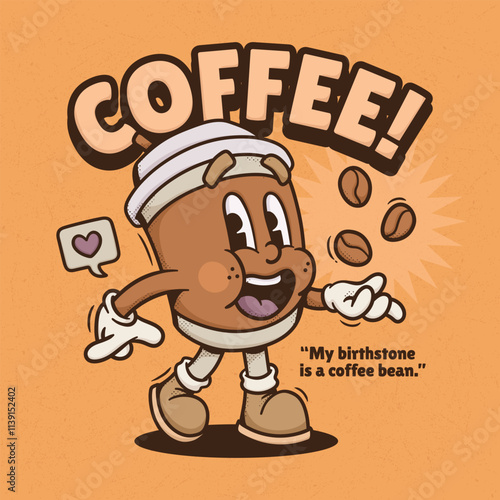 Coffee Cup Trendy Retro Cartoon Vector Hand Drawn