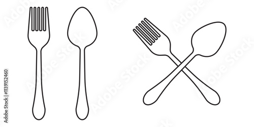 Tableware thin line icon set of fork, knife, spoon. Logotype menu. Cutlery and crockery sign. Flat style eating utensils symbol collection. Vector illustration