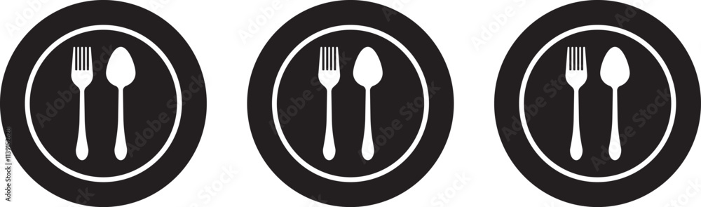 For and spoon icon set. Eatery symbol. Kitchen utensil vector illustration. Tableware serving sign. Crossed fork and spoon pictogram. Menu button. For and spoon icon set. Eatery symbol. Kitchen utensil vector illustration. Tableware serving sign. Crossed fork and spoon pictogram. Menu button.