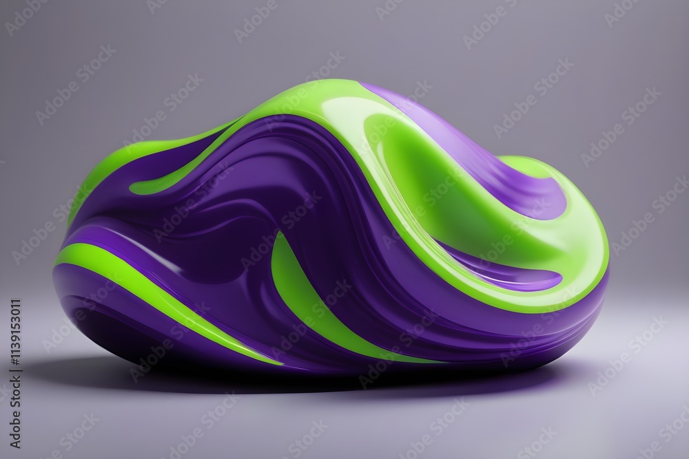 A colorful 3D model features a sculpture in vibrant purple. green. and white against a gray background. A colorful 3D model features a sculpture in vibrant purple. green. and white against a gray background.