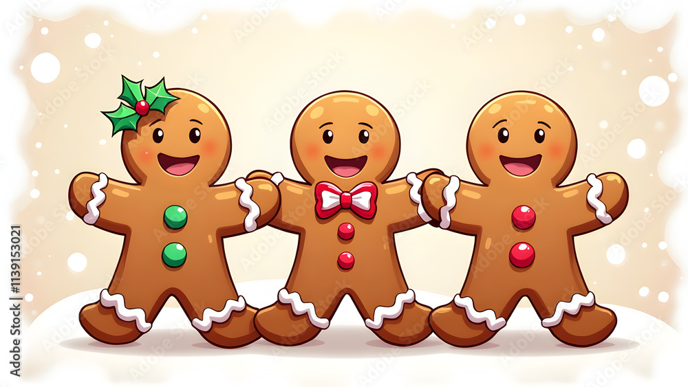 Obraz premium New Year's smiling gingerbread man cookie isolated on white, illustration.