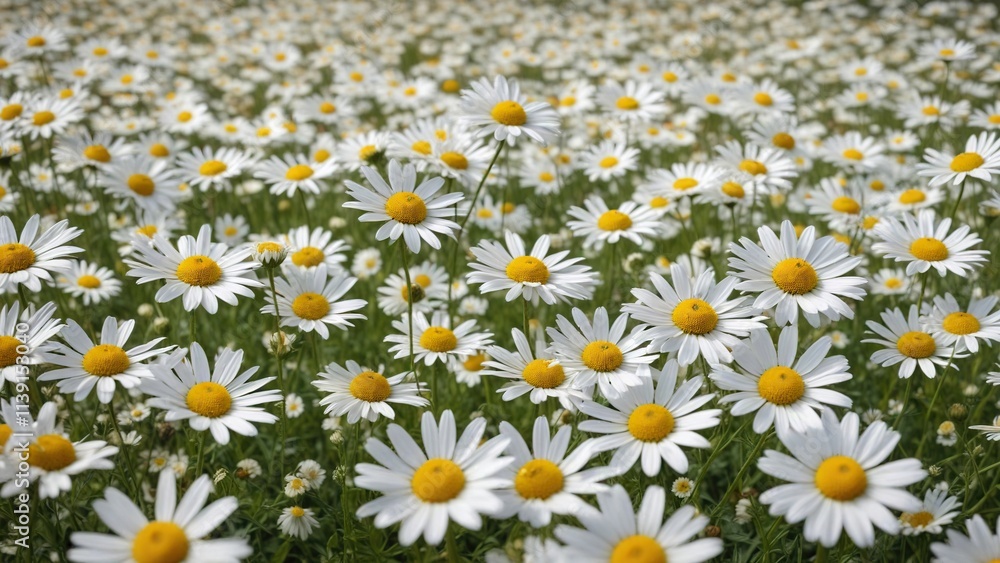 A field of white camomile and daisy flowers swaying in the wind, wildflower field, springtime scene, herbaceous plants A field of white camomile and daisy flowers swaying in the wind, wildflower field, springtime scene, herbaceous plants
