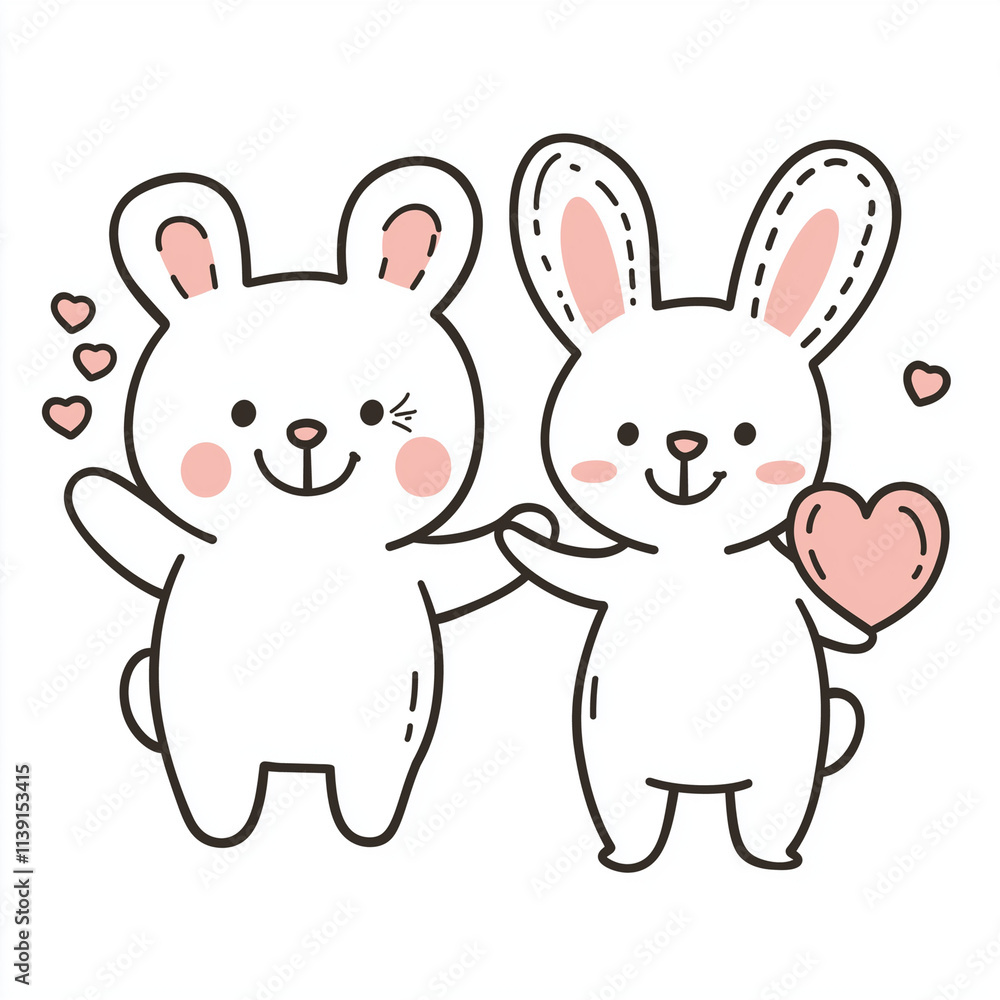 A delightful black-and-white line drawing of two adorable cartoon bunnies in various poses, perfect for coloring books, children's activities, and creative projects A delightful black-and-white line drawing of two adorable cartoon bunnies in various poses, perfect for coloring books, children's activities, and creative projects
