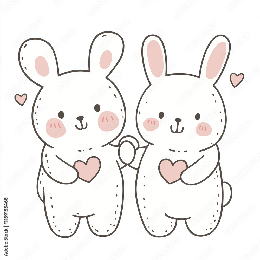 Obraz premium A delightful black-and-white line drawing of two adorable cartoon bunnies in various poses, perfect for coloring books, children's activities, and creative projects