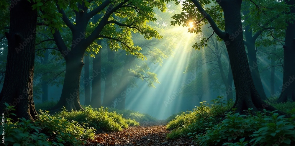 Obraz premium Dappled moonlight filters through forest trees, natural light, filtered