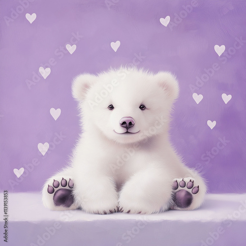 Cute teddy bear toy with hearts on a purple background