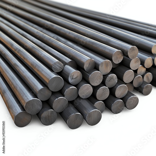 The image shows a collection of dark metal rods stacked together, showcasing their cylindrical shape and smooth surfaces.