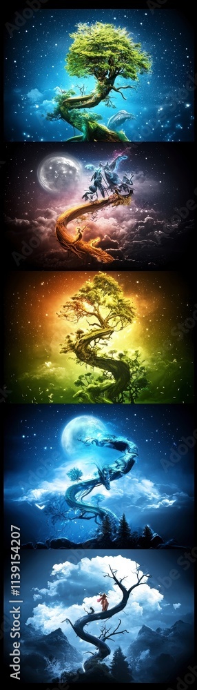 Naklejka premium Mystical Tree of Seasons A Fantasy Landscape.
