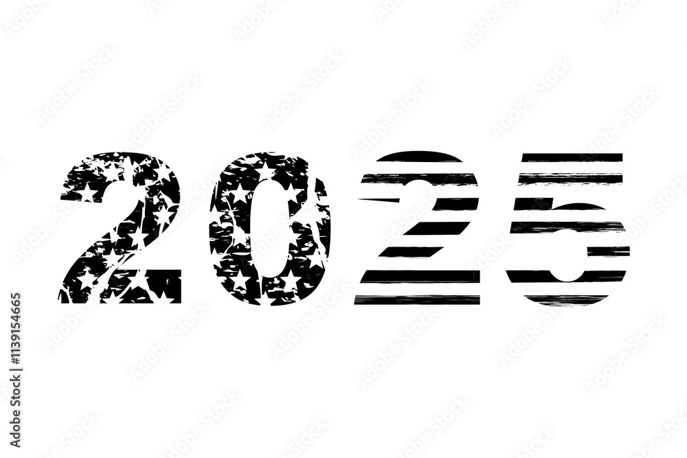 The new year 2025 with the American flag, grunge vintage number 2025, black isolated on white background, vector illustration. The new year 2025 with the American flag, grunge vintage number 2025, black isolated on white background, vector illustration.
