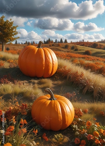 Big pumpkin on a hill in an autumn field with tall grass, colorful leaves, and a few clouds in the background, hill, yellow