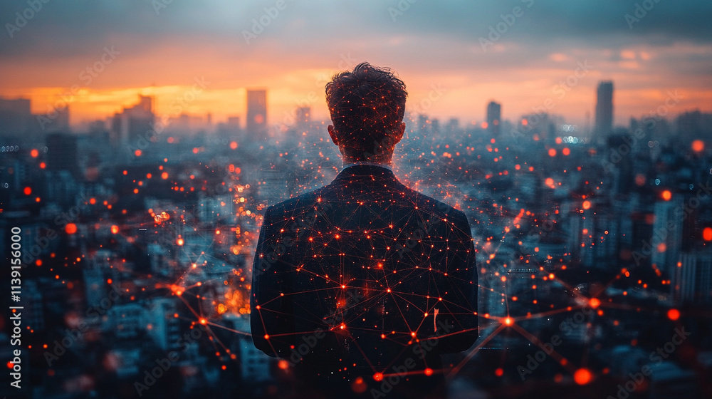 businessman stands with his back to the viewer facing a futuristic cityscape symbolizing navigating the frontier of modern opportunities innovation and vision in an urban world with bright white tones businessman stands with his back to the viewer facing a futuristic cityscape symbolizing navigating the frontier of modern opportunities innovation and vision in an urban world with bright white tones