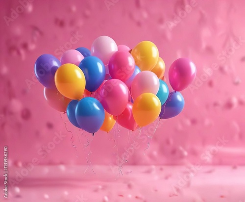 Colorful balloons floating in mid-air against a bright pink background, celebration, balloons, air filled balloons photo