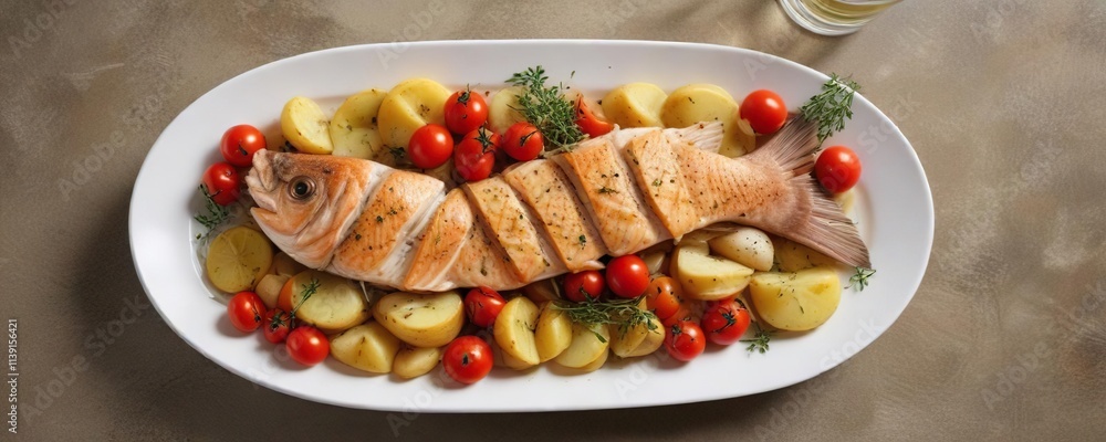 A simple yet elegant arrangement of baked fish with sliced potatoes and cherry tomatoes on a rustic white plate garnished with fresh thyme, fish, culinary, photography A simple yet elegant arrangement of baked fish with sliced potatoes and cherry tomatoes on a rustic white plate garnished with fresh thyme, fish, culinary, photography