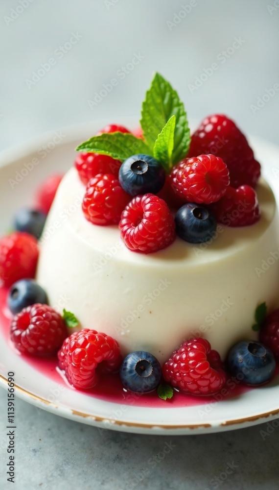 Creamy white dessert topped with fresh berries and mint leaves, fresh mint, creamy Creamy white dessert topped with fresh berries and mint leaves, fresh mint, creamy