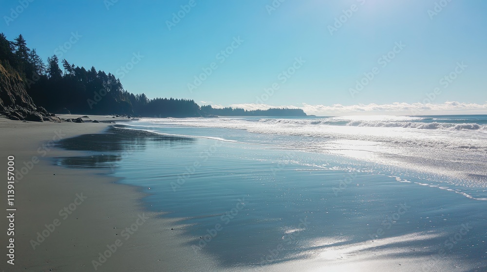 Obraz premium Tranquil Beach Landscape with Gentle Waves and Clear Sky