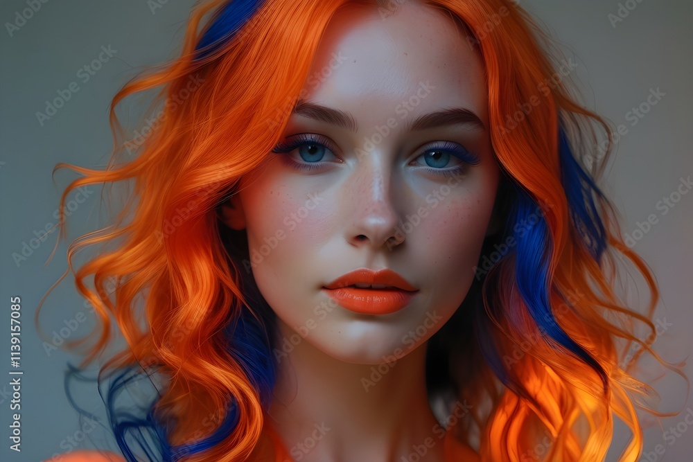 Obraz premium A 3D rendering shows a woman with a colorful. flowing hairstyle against a white backdrop. Her eyes are closed in a peaceful expression.