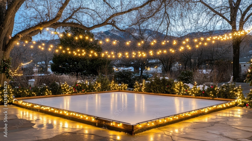 Fototapeta premium Winter wonderland ice skating rink decorated with lights