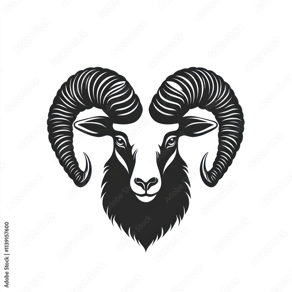 Black and white ram head illustration with large horns. Black and white ram head illustration with large horns.