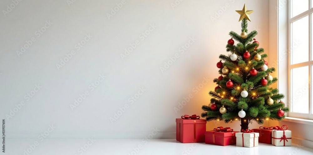 Decorated mantel with Christmas tree and twinkling lights on white background, mantle, presents, holiday season Decorated mantel with Christmas tree and twinkling lights on white background, mantle, presents, holiday season