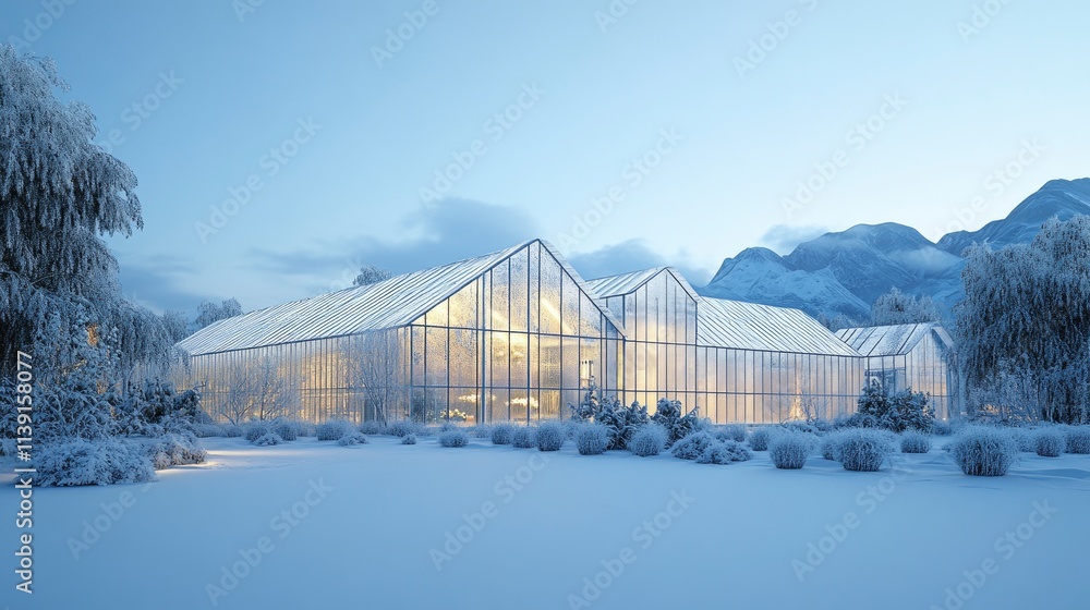 Winter greenhouse with snowy landscape at twilight Winter greenhouse with snowy landscape at twilight