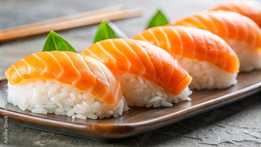Close-up view of delectable salmon nigiri sushi arranged on an elegant wooden plate with vibrant green garnish Close-up view of delectable salmon nigiri sushi arranged on an elegant wooden plate with vibrant green garnish