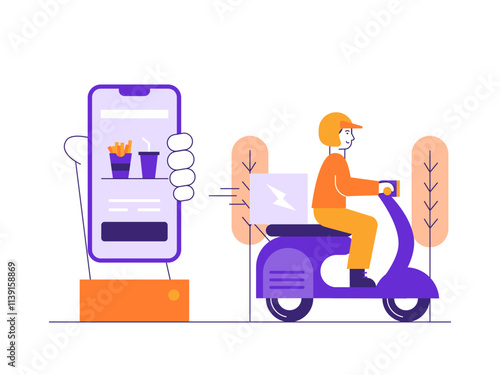 Courier delivers food according to order. Online Food illustration. Flat vector illustrations