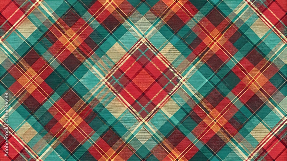 A Vibrant and Textured Diagonal Plaid Pattern in Red, Teal, and Beige Hues for Fashion and Design Applications A Vibrant and Textured Diagonal Plaid Pattern in Red, Teal, and Beige Hues for Fashion and Design Applications