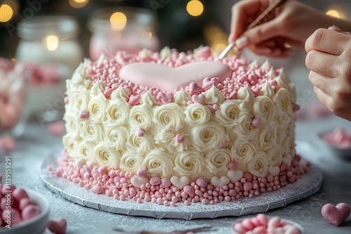 Decorating a beautiful pink cake with love. photo