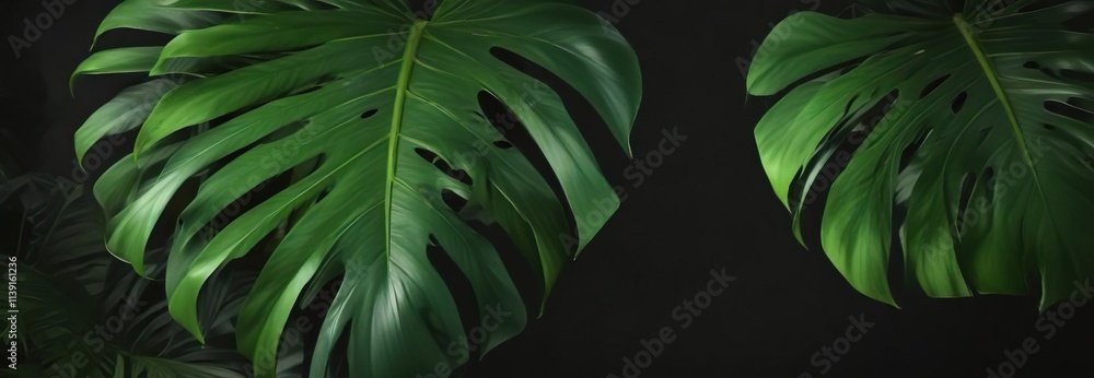 Obraz premium Large bright green Monstera deliciosa leaf on a dark background, tropical leaf, plant life, bright green