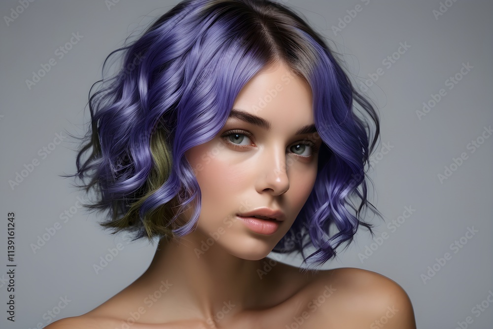 Fototapeta premium An animated woman with vivid purple hair on a neutral gray background. digitally enhanced for realism.