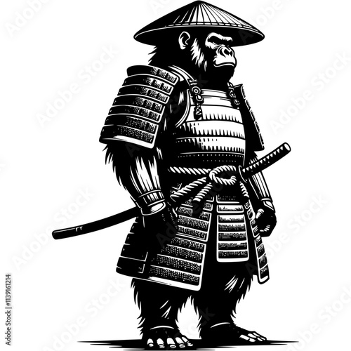 Samurai warrior in armor gorilla stands in fighting stance with katana sword in monochrome. Wild orangutan animal. Tattoo minimalistic vector in black ink drawing on transparent background