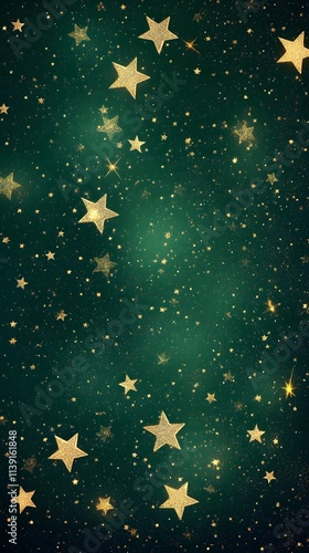 Golden Stars Shimmering on a Dark Green Background