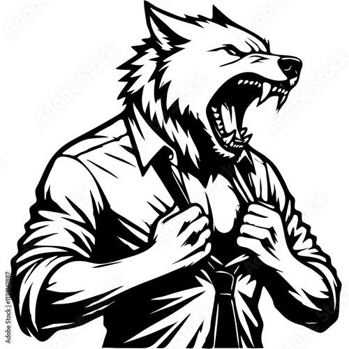 Boss wolf rips shirt at chest in rage in monochrome. Wild werewolf animal in human form roars in madness. Tattoo minimalistic vector in black ink drawing on transparent background