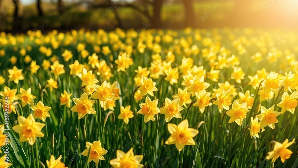 Vibrant daffodil flowers scattered across a sunlit field, vibrant, plant, countryside