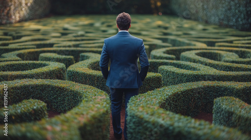 businessman stands with his back to the viewer, facing a vast labyrinth symbolizing challenges, choices, and obstacles. The maze reflects chaos, career decisions, and personal growth amid uncertainty