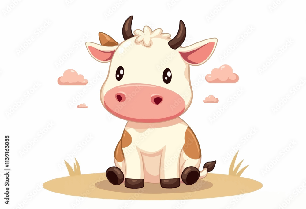 Fototapeta premium Charming Vector Art of a Cow: Delightful Cartoon Cow Sitting Happily on the Ground with Colorful Clouds Above, Ideal for Kids' Illustrations and Fun Clip Art
