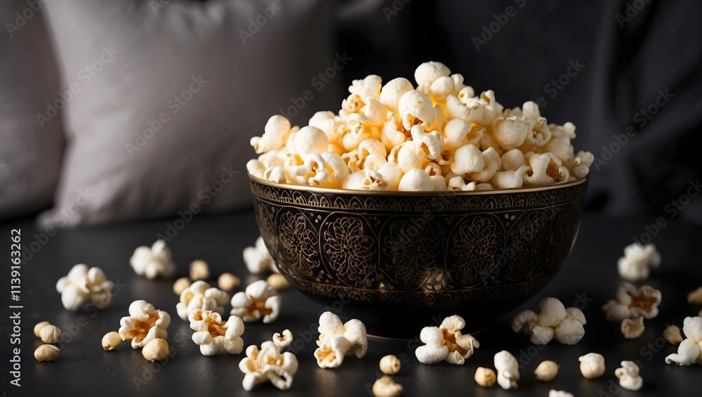 Decorative black bowl with golden patterns full of fresh popcorn, TV watching, movie series eat Decorative black bowl with golden patterns full of fresh popcorn, TV watching, movie series eat