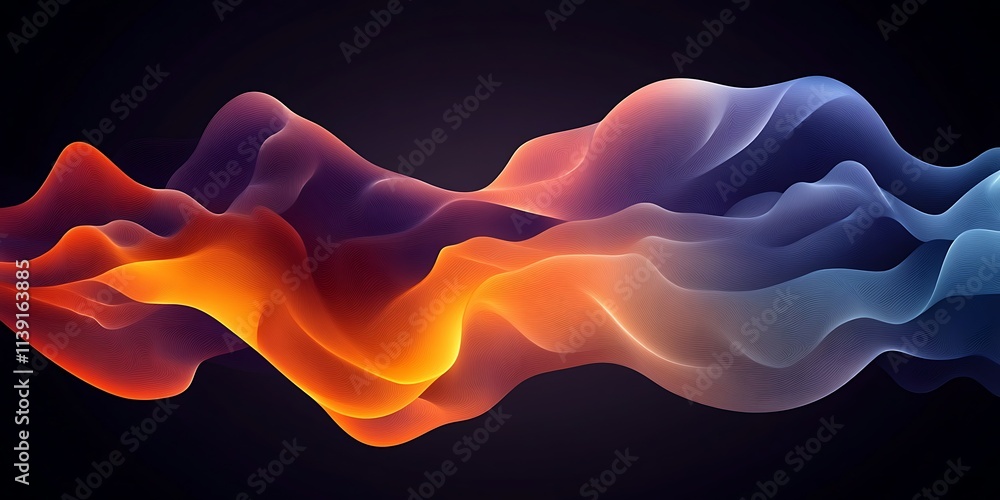 Fototapeta premium Abstract orange and blue wavy flowing shapes on dark background.