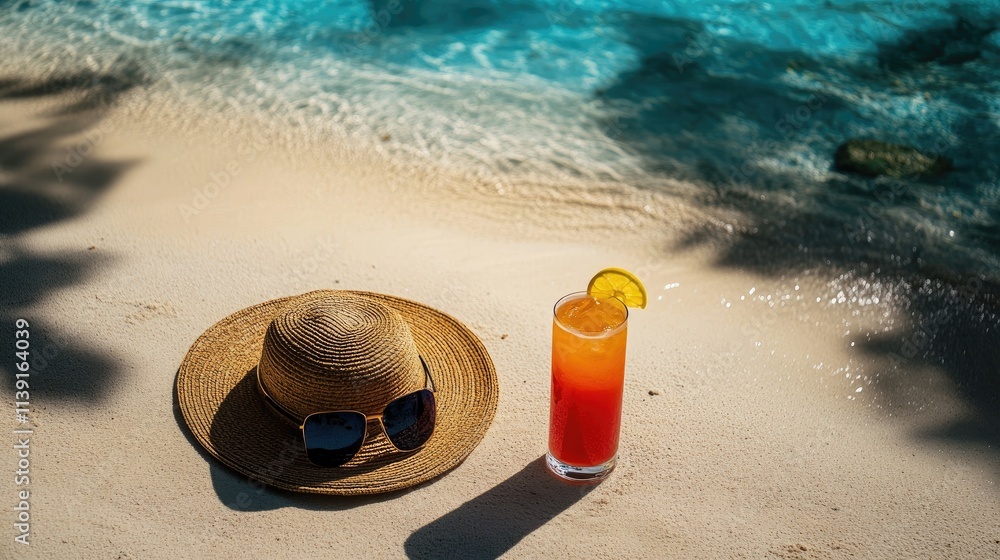 Relaxing Beach Scene with Drink and Hat on Sandy Shoreline Relaxing Beach Scene with Drink and Hat on Sandy Shoreline