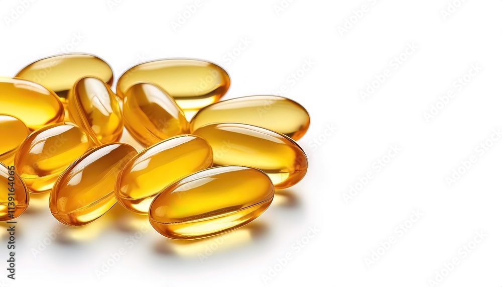 Fish oils contain the omega 3 fatty acids eicosapentaenoic acid EPA and docosahexaenoic acid DHA known to reduce inflammation in the body and lower triglycerides. Isolated on white background\ Fish oils contain the omega 3 fatty acids eicosapentaenoic acid EPA and docosahexaenoic acid DHA known to reduce inflammation in the body and lower triglycerides. Isolated on white background\