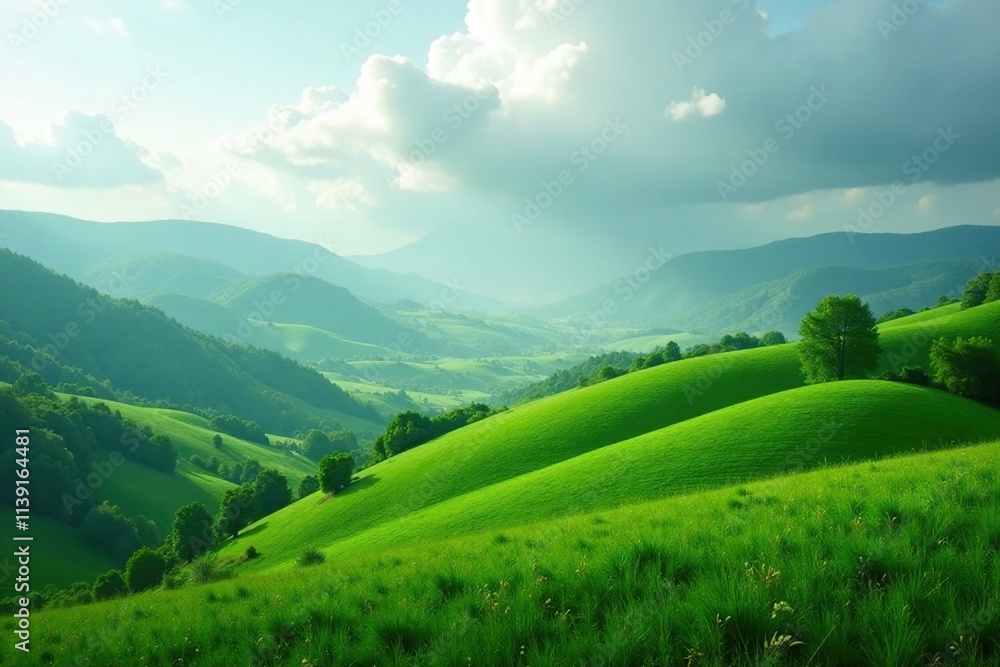 Obraz premium Misty clouds gather above the rolling hills and vast fields of green potatoes, landscape, fields, mystical