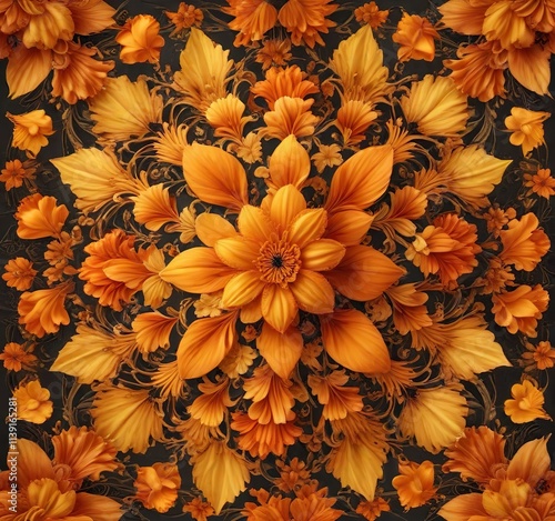 Orange and yellow petals intertwined in a intricate floral pattern , arrangement, botany, intricate