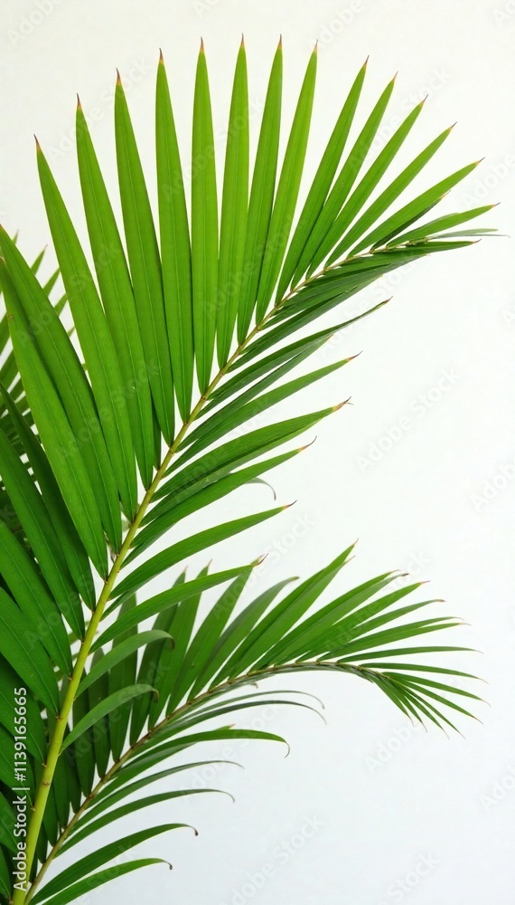 Palm tree with fronds against a bright and clean white surface, leaves, fronds, branch Palm tree with fronds against a bright and clean white surface, leaves, fronds, branch