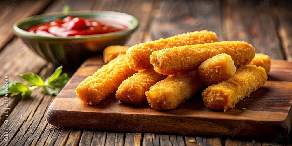 Golden-brown breaded fish sticks arranged on a rustic wooden board, served with a side of tomato sauce Golden-brown breaded fish sticks arranged on a rustic wooden board, served with a side of tomato sauce