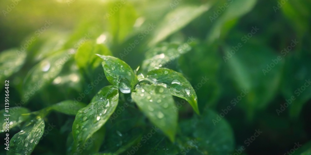 Fresh Green Leaves with Water Droplets in Sunlight Closeup Nature Shot in Garden or Greenhouse with Blurred Background. Fresh Green Leaves with Water Droplets in Sunlight Closeup Nature Shot in Garden or Greenhouse with Blurred Background.