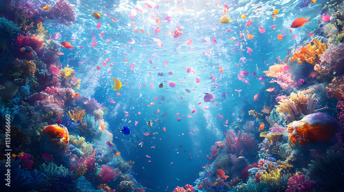 Surreal underwater confetti explosion: underwater, marine life, futuristic, dreamlike, fantasy. Fathomless. Illustration