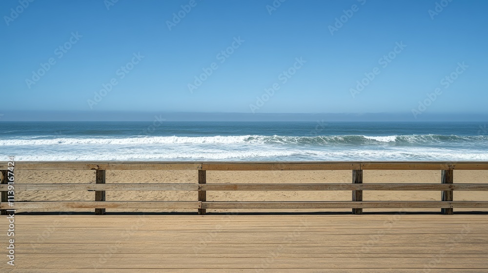 Calm Beach Boardwalk Leading to Ocean with Clear Blue Sky Calm Beach Boardwalk Leading to Ocean with Clear Blue Sky