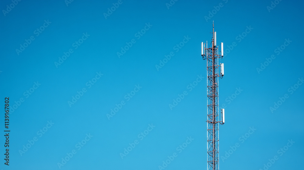 Towering radio antenna stands against a clear blue sky represent global connectivity and communication networks symbolizing progress technology signal transmission and bridging distances Towering radio antenna stands against a clear blue sky represent global connectivity and communication networks symbolizing progress technology signal transmission and bridging distances