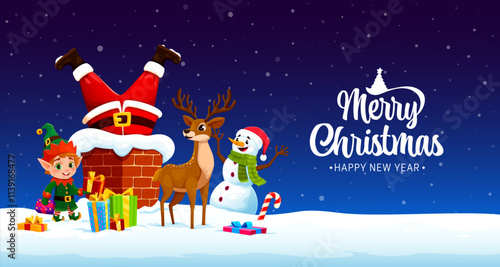 Christmas Santa Claus stuck in building chimney for winter holiday greetings, vector background. Santa stuck in chimney upside down with gifts and funny cartoon reindeer, snowman and elf characters