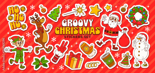 Groovy Christmas stickers pack with cartoon characters and winter holiday decorations, vector icons. Groovy Christmas stickers with Santa and funky elf with reindeer or snowman with New Year gifts